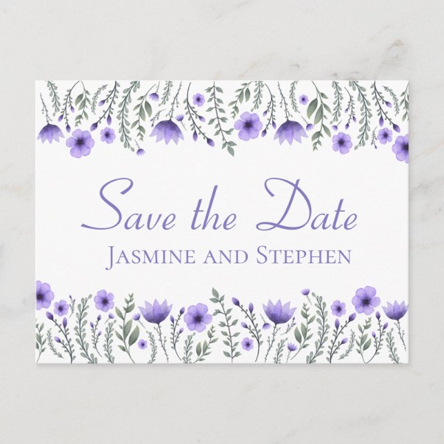 Postal Floral Purple Save the Date Boda Engagement (Anverso)