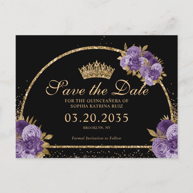 Postal Floral Quinceanera Purpurina de oro de ciruela mor (Anverso)