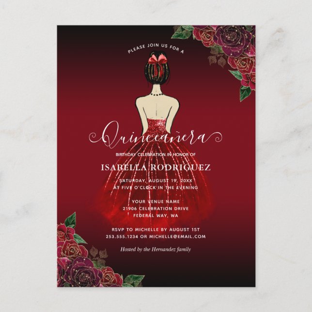 Postal Floral Red Princess Gold Birday Quinceañera (Anverso)