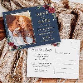 Postal Floral roja azul marino Save the Date