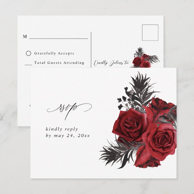 Postal Floral roja y negra sin carne RSVP (Anverso / Reverso)