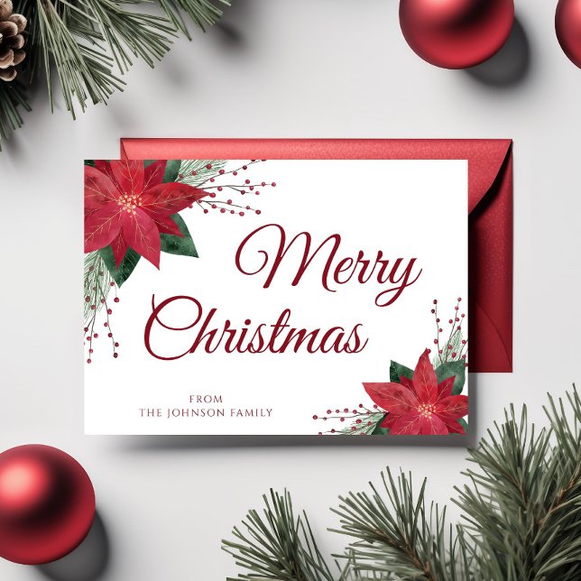 Postal Floral Rojo Poinsettia Feliz Navidad (Floral Red Poinsettia Merry Christmas Greetings Postcard)