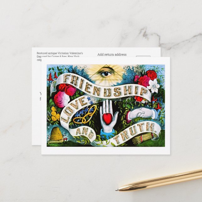 Postal Floral romántica San Valentín Amor Amistad Masónic (Anverso/Reverso In Situ)