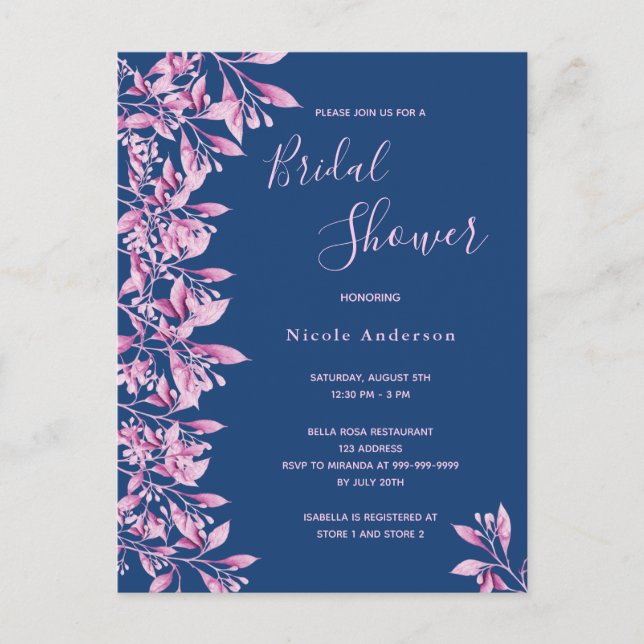 Postal Floral rosa azul Bridal Shower (Anverso)