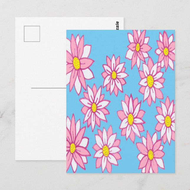 Postal Floral rosa blanca y azul (Anverso / Reverso)
