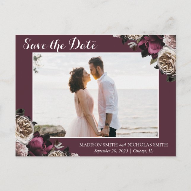 Postal Floral rosa borgoñona de Moody Save the Date Postc (Anverso)