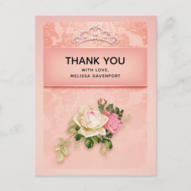 Postal Floral rosa con Tiara de Diamante Princesa Gracias (Anverso)