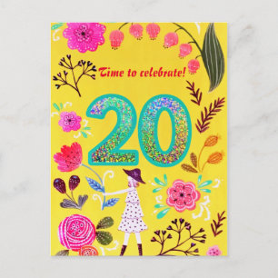 Postal Floral Rosa Floreado Chic Cumpleaños Veinte Brilla
