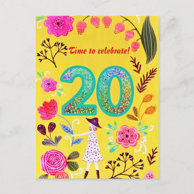 Postal Floral Rosa Floreado Chic Cumpleaños Veinte Brilla (Anverso)