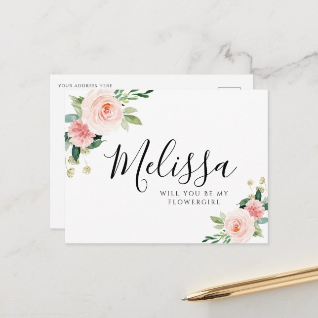 Postal floral rosa rubor será una carta de flowgirl (Anverso/Reverso In Situ)