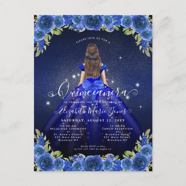 Postal Floral Royal Blue Gold Glam Princess Quinceanera (Anverso)