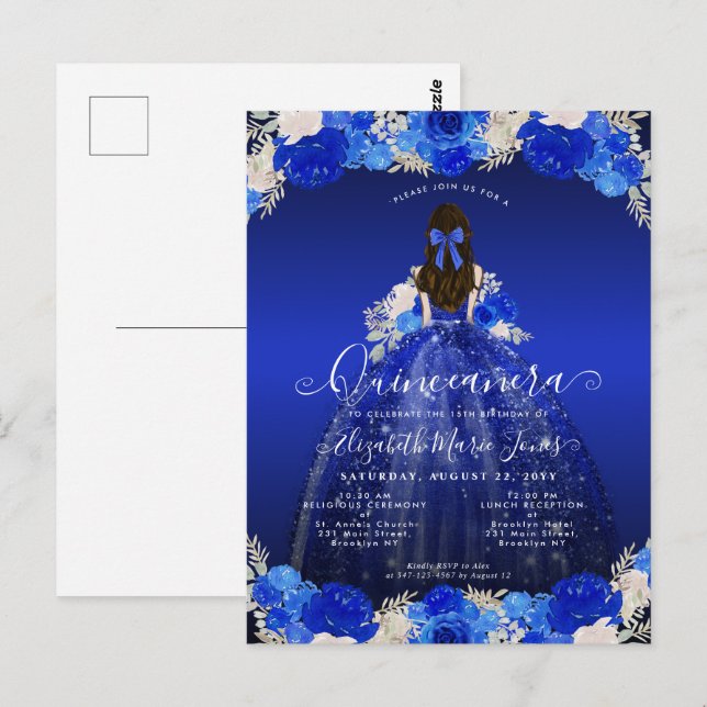 Postal Floral Royal Blue Princess Vestido Gown Quinceaner (Anverso / Reverso)