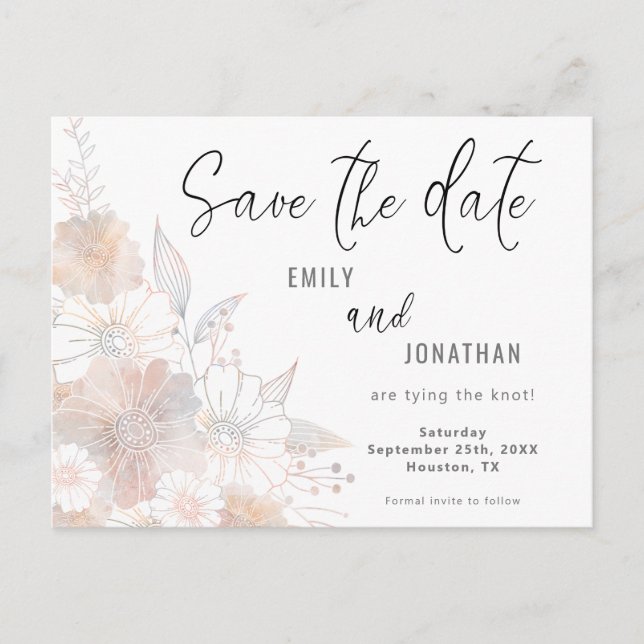 Postal Floral Rubor Peach Grey Wedding Save The Date (Anverso)