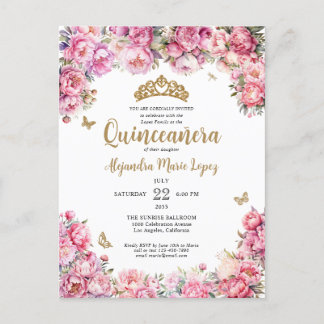 Postal Floral Rubor Purpurina de oro rosa Tiara Quinceañe