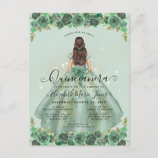 Postal Floral Sage Green Gold Glam Princess Quinceanera (Anverso)