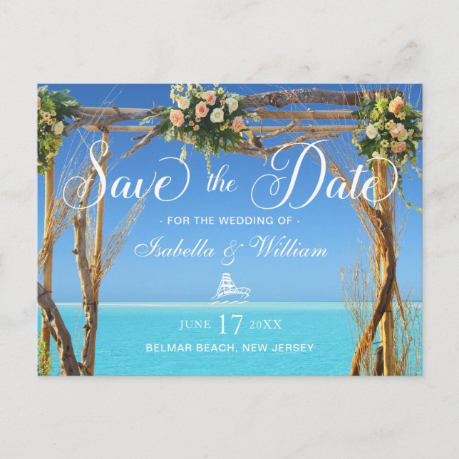 Postal Floral Summer Beach Wedding Gate Salva la fecha (Anverso)