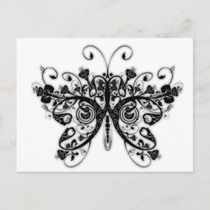 Postal Floral Swirls Butterfly - Blanco y negro