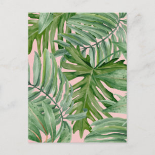 Postal Floral tropical de hojas de palmera rosadas simple