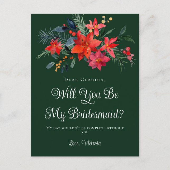 Postal Floral verde Navidad serás mi dama de honor (Anverso)