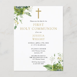 Postal Floral verde Primera Santa Comunión Salven la fech