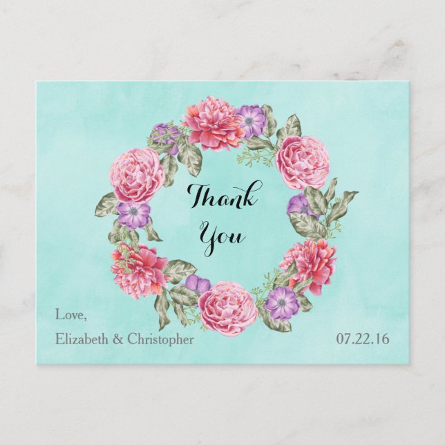 Postal Floral Watercolor Wreath Boda Gracias (Anverso)