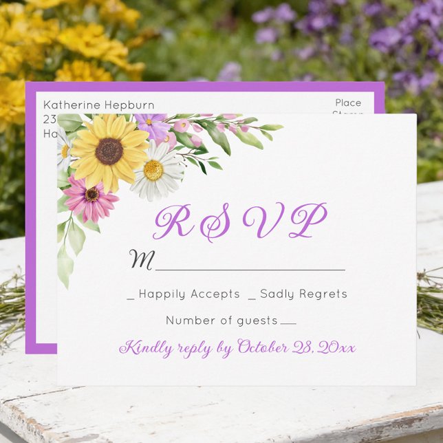 Postal Floral Wedding Wildflower Sunflower Daisy RSVP (Subido por el creador)