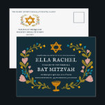 Postal Floral Wreath Bat Mitzvah Personalizado de mano QR<br><div class="desc">Una postal perfecta para anunciar un bar mitzvah, bat mitzvah u otra celebración judía! ¡La mano hizo arte para ti! ¡TODO PERSONALIZABLE! Haga clic en "Personalizar" para editar el texto y añadir su vínculo al código QR de la parte posterior. Haga clic en "editar usando la herramienta de diseño" para...</div>