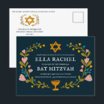 Postal Floral Wreath Bat Mitzvah Personalizado de mano QR<br><div class="desc">Una postal perfecta para anunciar un bar mitzvah, bat mitzvah u otra celebración judía! ¡La mano hizo arte para ti! ¡TODO PERSONALIZABLE! Haga clic en "Personalizar" para editar el texto y añadir su vínculo al código QR de la parte posterior. Haga clic en "editar usando la herramienta de diseño" para...</div>