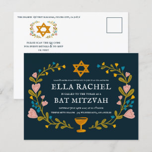 Postal Floral Wreath Bat Mitzvah Personalizado de mano QR