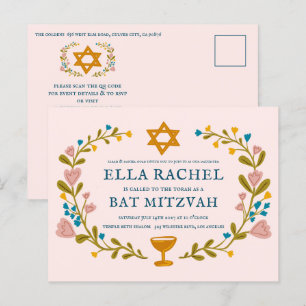 Postal Floral Wreath Bat Mitzvah Personalizado de mano QR