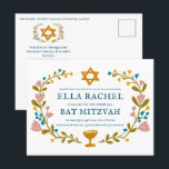 Postal Floral Wreath Bat Mitzvah Personalizado de mano QR<br><div class="desc">Una postal perfecta para anunciar un bar mitzvah, bat mitzvah u otra celebración judía! ¡La mano hizo arte para ti! ¡TODO PERSONALIZABLE! Haga clic en "Personalizar" para editar el texto y añadir su vínculo al código QR de la parte posterior. Haga clic en "editar usando la herramienta de diseño" para...</div>