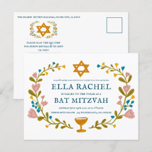 Postal Floral Wreath Bat Mitzvah Personalizado de mano QR