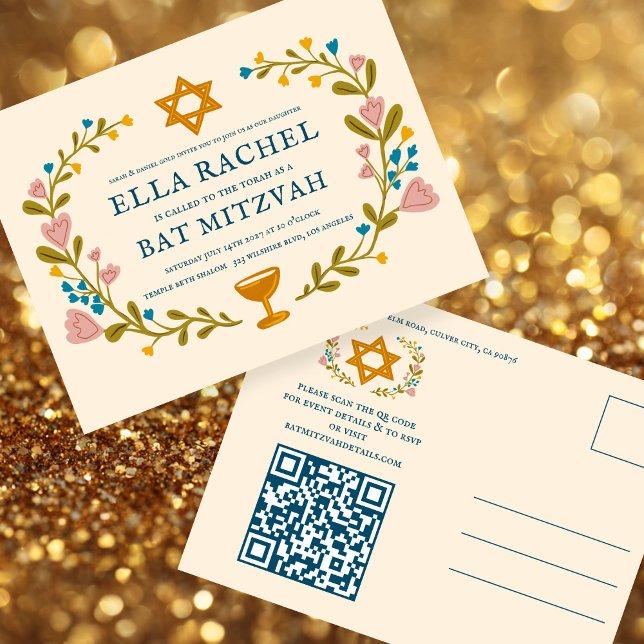 Postal Floral Wreath Bat Mitzvah Personalizado de mano QR (Floral Wreath Bat Mitzvah Hand-drawn Custom QR code Postcard Invitation
)