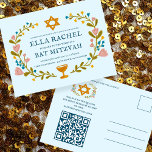 Postal Floral Wreath Bat Mitzvah Personalizado de mano QR<br><div class="desc">Una postal perfecta para anunciar un bar mitzvah, bat mitzvah u otra celebración judía! ¡La mano hizo arte para ti! ¡TODO PERSONALIZABLE! Haga clic en "Personalizar" para editar el texto y añadir su vínculo al código QR de la parte posterior. Haga clic en "editar usando la herramienta de diseño" para...</div>