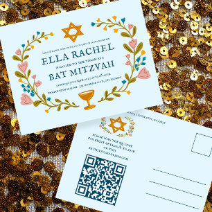Postal Floral Wreath Bat Mitzvah Personalizado de mano QR