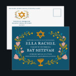 Postal Floral Wreath Bat Mitzvah Personalizado de mano QR<br><div class="desc">Una postal perfecta para anunciar un bar mitzvah, bat mitzvah u otra celebración judía! ¡La mano hizo arte para ti! ¡TODO PERSONALIZABLE! Haga clic en "Personalizar" para editar el texto y añadir su vínculo al código QR de la parte posterior. Haga clic en "editar usando la herramienta de diseño" para...</div>