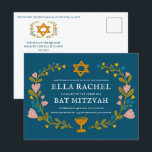 Postal Floral Wreath Bat Mitzvah Personalizado de mano QR<br><div class="desc">Una postal perfecta para anunciar un bar mitzvah, bat mitzvah u otra celebración judía! ¡La mano hizo arte para ti! ¡TODO PERSONALIZABLE! Haga clic en "Personalizar" para editar el texto y añadir su vínculo al código QR de la parte posterior. Haga clic en "editar usando la herramienta de diseño" para...</div>