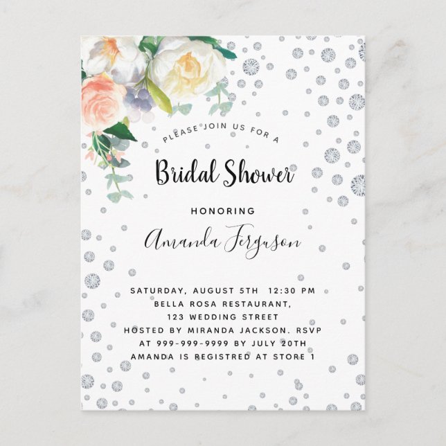 Postal Florals blanco rosa oro glamoroso ducha de novia (Anverso)