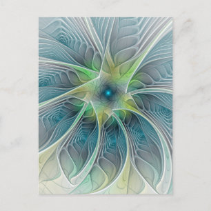 Postal Florecer Fantasía Moderno Azul Verde Flor Fractal