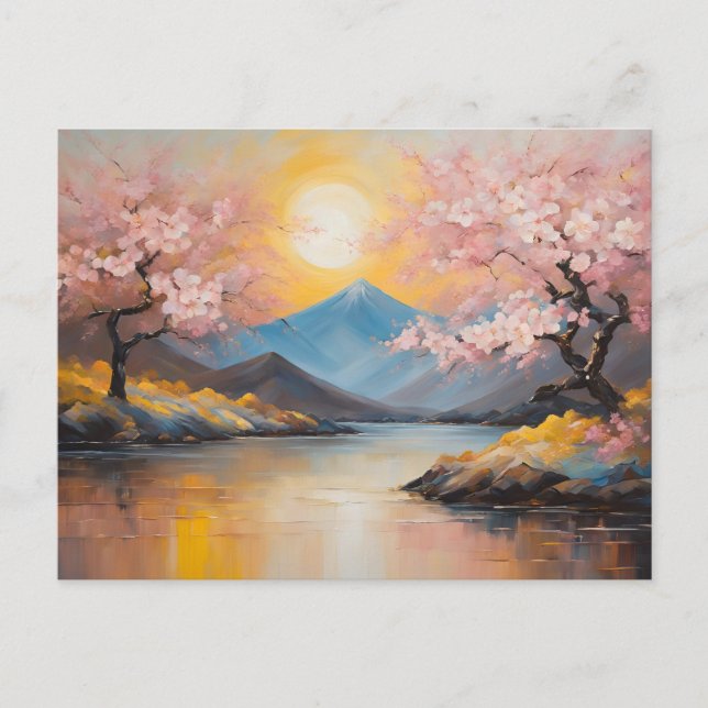Postal Florecimiento de cerezos, puesta de sol sobre pais (Anverso)