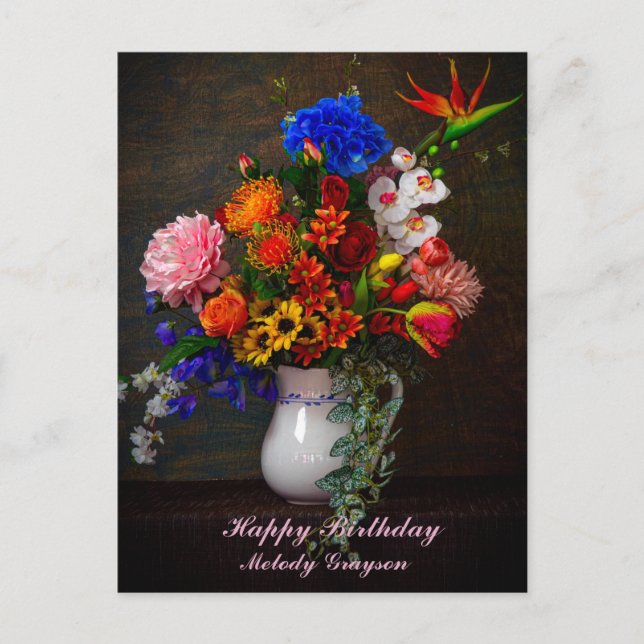 Postal Florero de flores personalizado para cumpleaños (Anverso)