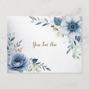 Postal Flores Acuarela Azul Polvo Elegantes Plata