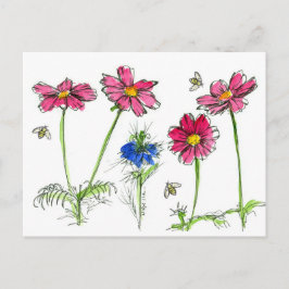 Postal Flores acuáticas de abejas Cosmos rosados