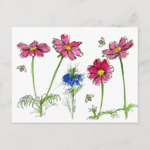 Postal Flores acuáticas de abejas Cosmos rosados