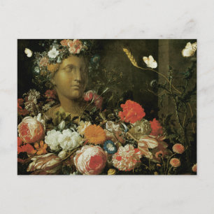 Postal Flores alrededor de un busto clásico