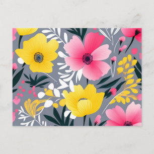 Postal Flores Amarillas Y Rosa Vibrantes En Gris