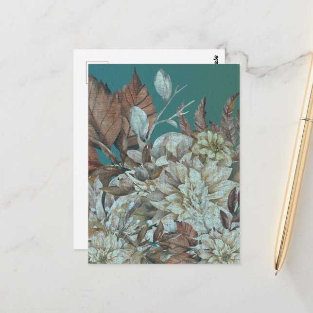 Postal Flores antiguas rusticas pintadas sobre Verde azul (Anverso/Reverso In Situ)