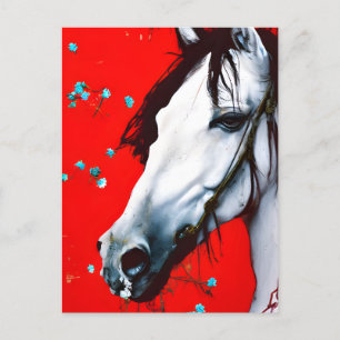 Postal Flores azules de fondo del caballo REd