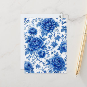 Postal Flores Azules Rosas Peonías Blancas Cobalto
