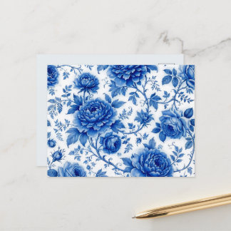 Postal Flores Azules Rosas Peonías Blancas Cobalto